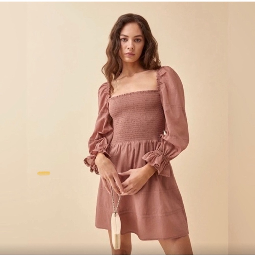 Reformation Purple Dunes Praline Mini Dress Smocked Cotton Puff Sleeves